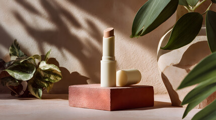 Lip balm tube on pastel podium with natural shadows of leaves