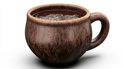 Realistic 3D rendering of a traditional Mexican drink, champurrado, isolated on white background and served in a brown clay mug filled with rich chocolate