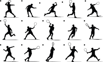 Dynamic Tennis Player Silhouettes in Various Action Poses with Racquet and Ball, Perfect for Sports Marketing, Athletic Training, and Game-Themed Designs