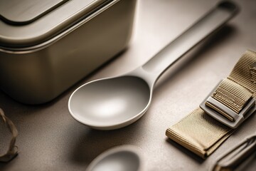 Sleek and minimalistic camping utensils arranged on a neutral background in a modern outdoor setting