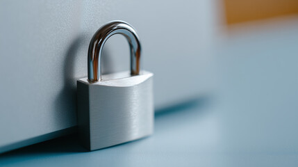 Fototapeta premium Close-up Image of a Silver Padlock on a Smooth Surface with Soft Lighting and a Blurred Background for Security and Protection Concept