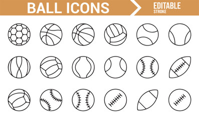 Fototapeta premium Sport Icons Collection: A Simple Line Drawing Set of Balls for Soccer, Basketball, and Football