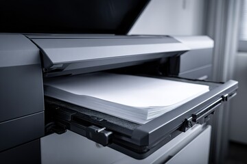 Printer in action with freshly loaded paper ready for printing documents in a modern office environment
