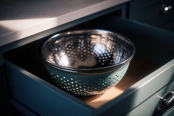 Reflective silver colander rests inside a wooden drawer under soft light in a modern kitchen space