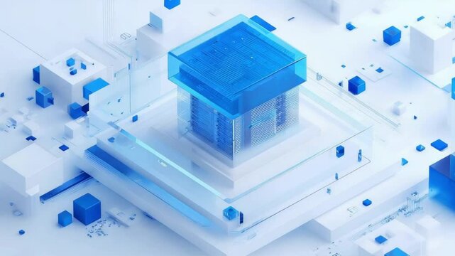 Blue technology illustration with a white background, a blue box of a data center in the middle and an isometric perspective, a frosted glass material, a data visualization style