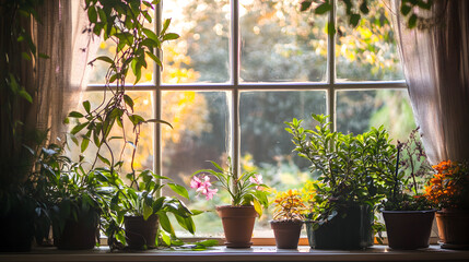 una habitacion interior con un ventanal hacia la calle decorado con macetas y plantas o flores decorativas alegria y diseño floral