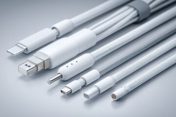 Different types of charging cables arranged on a smooth gray surface for easy comparison of design and function
