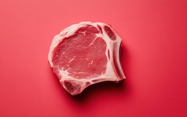Top-down view of a raw pork chop on red background.