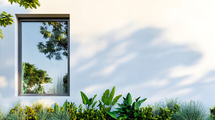 una pared blanca de la fachada de una casa con un ventanal moderno y elegante con decoraciones de plantas verdes hermosas 
