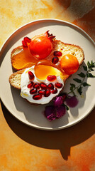 Brightly colored toast features poached eggs topped with pomegranate seeds and fresh herbs, served on a neutral plate for a beautiful breakfast setting