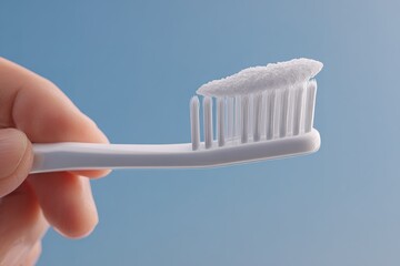 Hand holding toothbrush with toothpaste against a light blue background during dental care routine