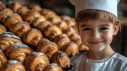 A young baker proudly presents freshly baked croissants from the oven