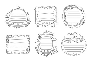 Funny kids memo note frames with galaxy space, ufo and planets. Vector set of outlined writing templates with cute rockets, aliens, stars and clouds for children printable notes or school sheets