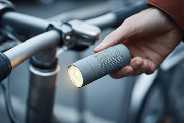 Hand holding flashlight while preparing bicycle for night ride in urban environment