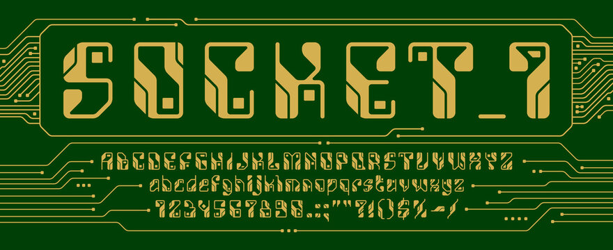 Motherboard font, circuit board typeface, psb technology type, computer electronic alphabet. Futuristic abc letters, numbers and symbols, cyber typeface, high tech, digital and innovative characters
