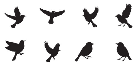 Set of silhouettes of flying birds in a flat style on a white background. Elegant vector bird logo. 