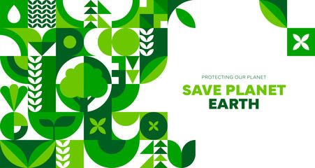 Naklejka premium Save Earth environment ecology poster with green geometric pattern, vector banner. Save planet and protect earth poster for nature conservation and green ecology protection and biodiversity concept