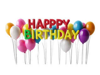 Festive birthday decoration with balloons and text.