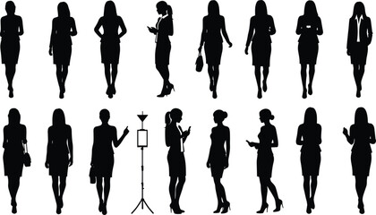 Silhouette business women, walking, standing, holding phone, confident, modern, corporate, fashion, office attire, elegant pose, vector illustration