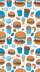Blue Fast Food Doodle Pattern.