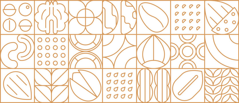 Fototapeta Nut and legume modern line geometric pattern. Design cover or flyer minimal shape background, tile geometric outline vector pattern with thin line hazelnut, cashew, pistachio, almond and pecan, walnut