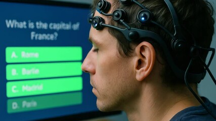 Man with Headset Participating in Interactive Quiz about France - Powered by Adobe