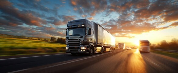 The truck driving along a beautiful sunset highway surrounded by nature.