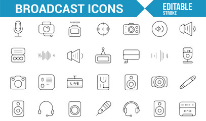 Broadcast Media Icon Set Featuring Microphones, Cameras, and Audio Equipment