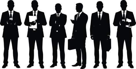 Silhouette business men in suit, holding phone, documents, tablet, standing, walking, office workers, teamwork, corporate concept, vector illustration