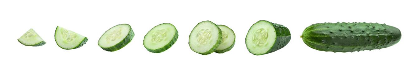 isolated on white set of slices and pieces of ripe cucumber