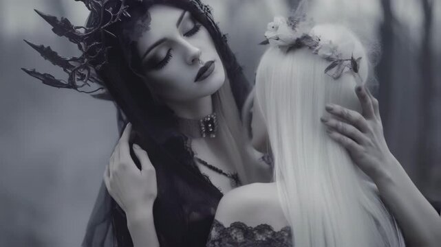 Dark haired and light haired women embracing in misty forest, creating gothic romance and ethereal fairytale atmosphere with mysterious, dreamlike aesthetic