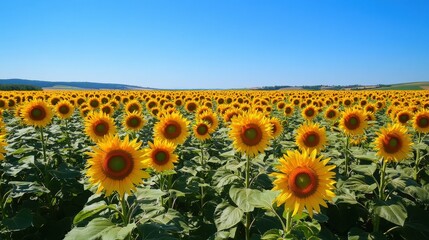 Obraz premium Sunflowers stand in a large field under a bright blue sky