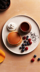 A beautifully arranged breakfast board showcases fluffy pancakes with syrup, fresh blueberries, raspberries, and a dollop of whipped cream, perfect for a relaxing morning meal