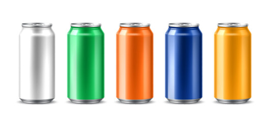 Realistic soda drink cans. Vector 3d mockups of aluminum or tin cans for soft beverage, sparkling water, fruit juice, energy drink or lemonade. Aluminium jars set with colorful labels and shadows