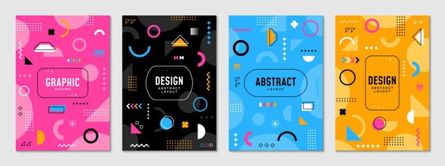 Memphis posters with abstract geometric shapes. Modern cover background templates with abstract figures. Vector playful cards or story posts, feature graphic patterns in retro modern style of the 80s