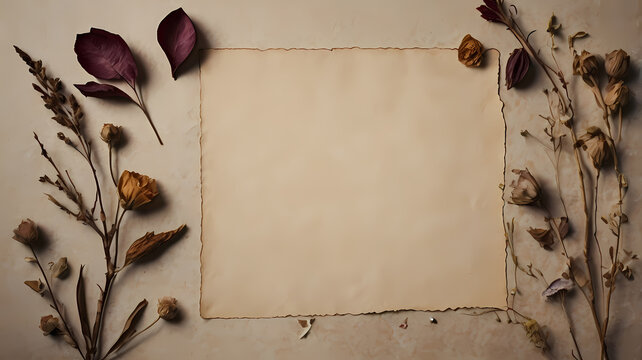 Botanical flat lay with aged paper texture and dried flower arrangement around edges. Elegant vintage style background with central copy space for creative designs