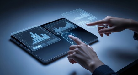 A user interacts with a futuristic tablet using multi-touch gestures on holographic interface layers displaying graph, chart, and data analytics in a sleek, modern workspace.
