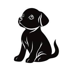 Fototapeta premium Adorable black puppy illustration with big eyes, sitting and looking curiously.