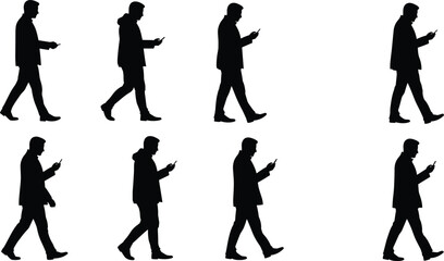 Silhouette vector of man walking, using phone, side view, modern lifestyle, technology use, digital communication, casual pose, urban concept