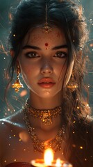 Portrait of an Indian Woman with Traditional Jewelry Holding a Lit Candle