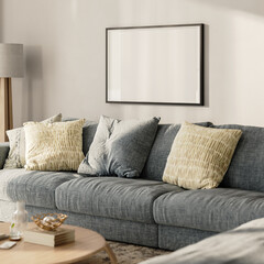 Blank horizontal frame mock-up in modern living room interior, 3d render