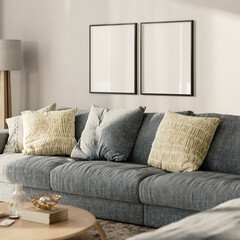 Two blank frames in modern living room interior, 3d render