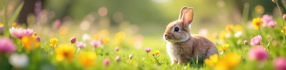Fototapeta premium Fluffy bunny amidst vibrant egg-flower meadow , cheerful, pastel, texture