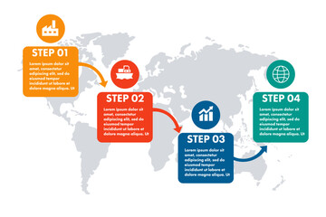 Infographic template featuring a global map with four interconnected steps, ideal for illustrating business processes, global strategies, or project timelines.