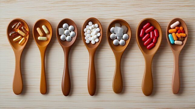 Variety of vitamin pills in wooden spoon on white background, supplemental and healthcare product, flat lay surface