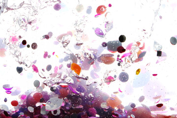 pink glitter, crystals and stones and bubbles in the water, beautiful original shiny background, glitter tornado
