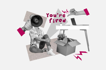 Fototapeta premium Contemporary artwork collage of anonym employee girl instead head megaphone pressure boss redundancy fired office supplies box