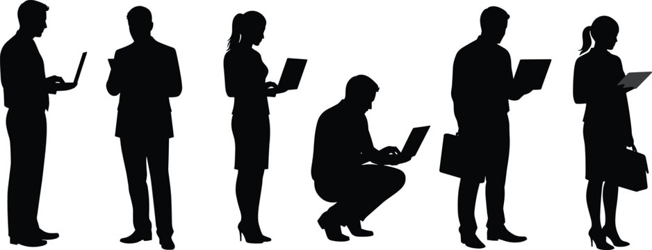 Silhouette of business people using laptop, tablet, standing, working, technology users, digital device concept, black vector illustration, modern workspace