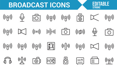 Line Art Icons Representing Broadcasting Equipment: Microphones, Cameras, and Speakers