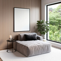 Modern living room interior with blank frame mockup and chaise lounge